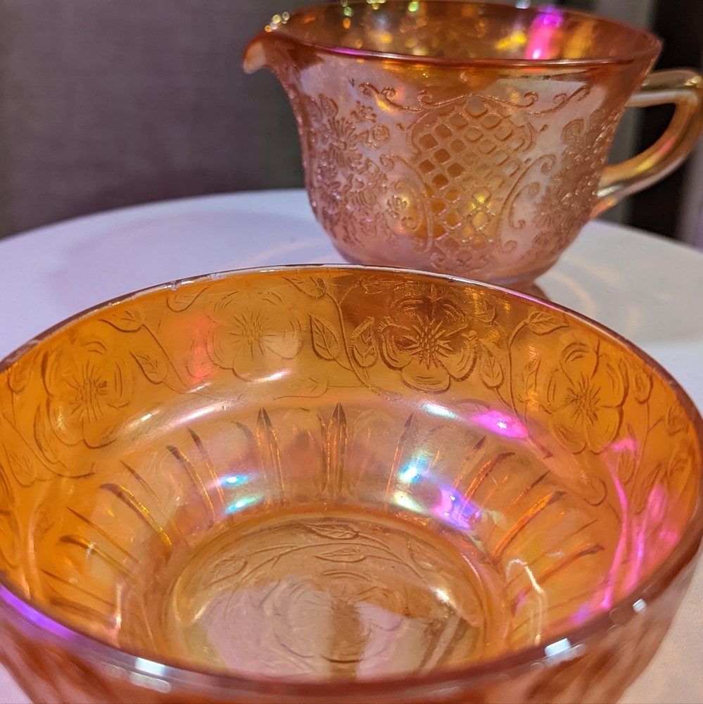 Vintage 1930s Federal iridescent marigold milk, sugar tableware depression glass